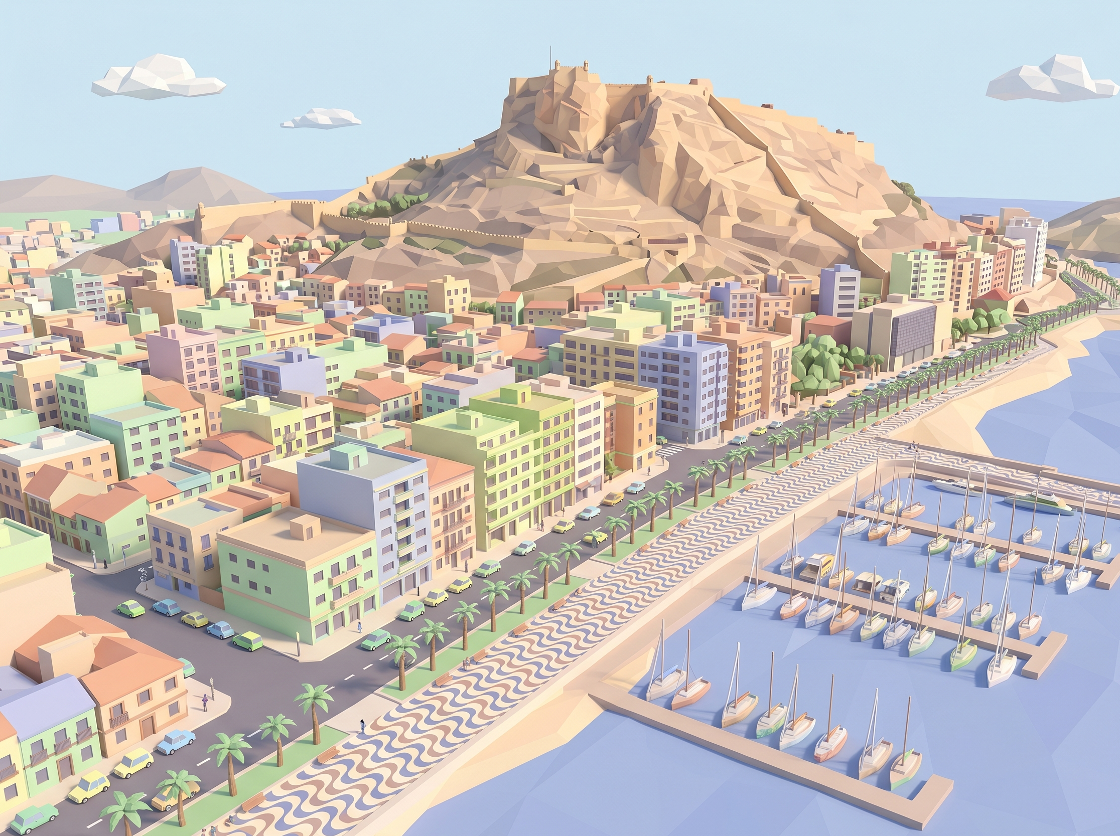 Vista aérea de Alicante: la Explanada, el puerto deportivo y el castillo de Santa Bárbara